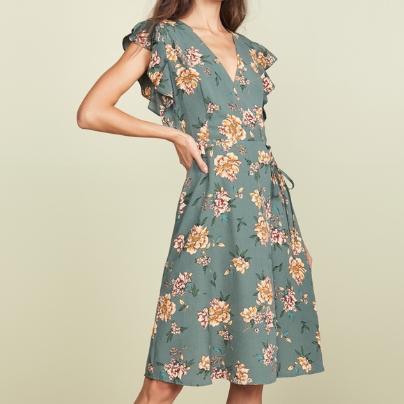 SALE ✨$89 J.O.A. Green Floral Faux Wrap Midi Dress - Picture 2 of 6